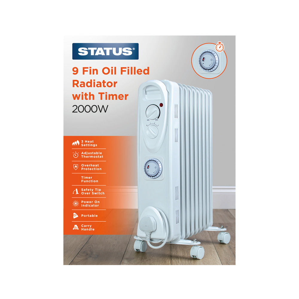 9 Fin - Oil Filled Radiator Timer - 2000w - White - 3 Heat Settings - with Adjustable Thermostat - 1 pk - in Glossy Retail Box