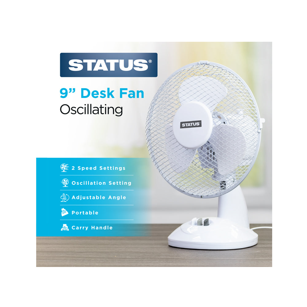 9" White Desk Fan - Oscillating - 2 Speed Settings - 1 pk - in Glossy Retail Box