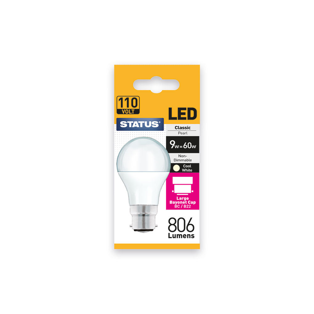 9w = 60w = 806 lumens - LED - 110V - A60 GLS - BC - PA - Pearl - Cool White - Shrink Wrapped 10's