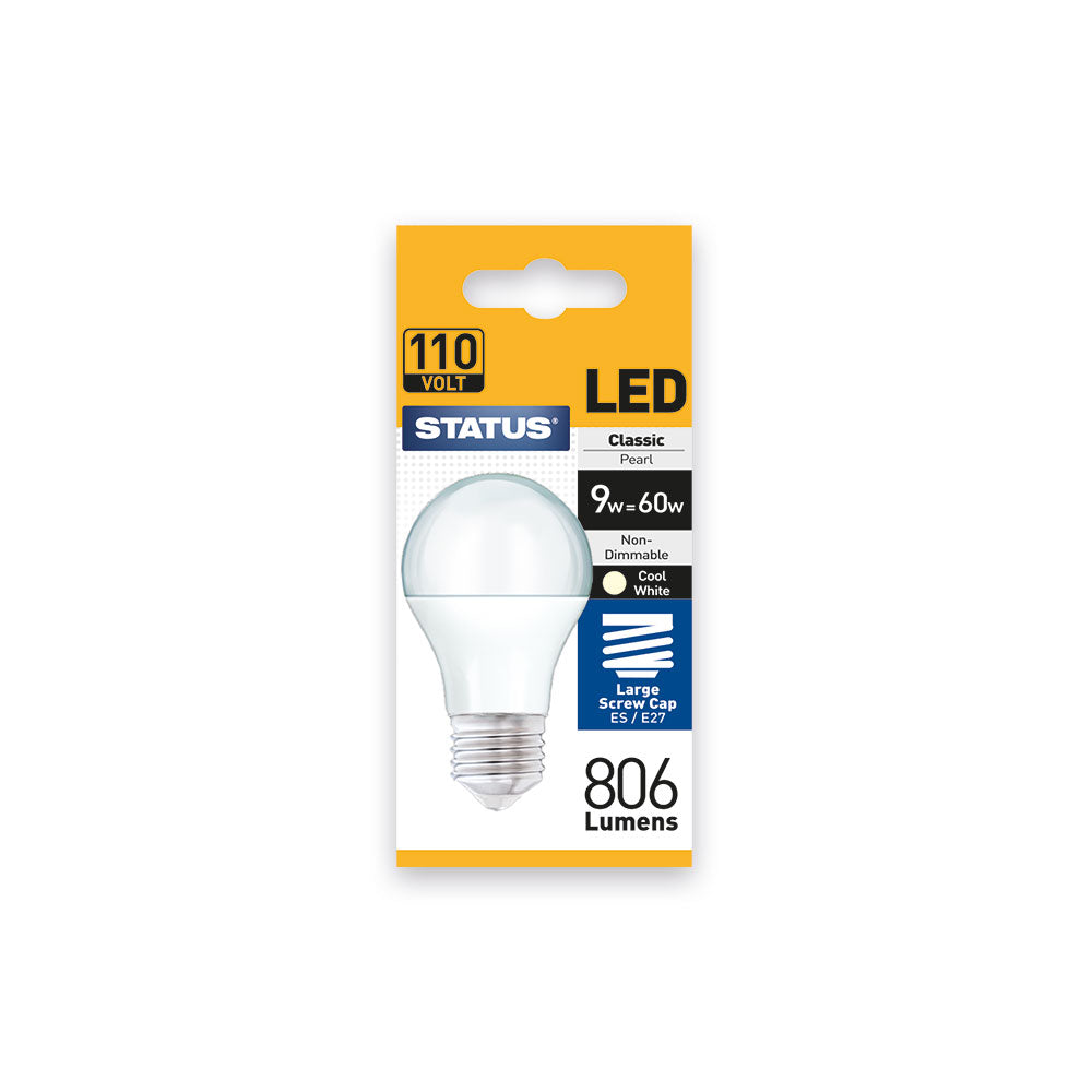 9w = 60w = 806 lumens - LED - 110V - A60 GLS - ES - PA - Pearl - Cool White - Shrink Wrapped 10's
