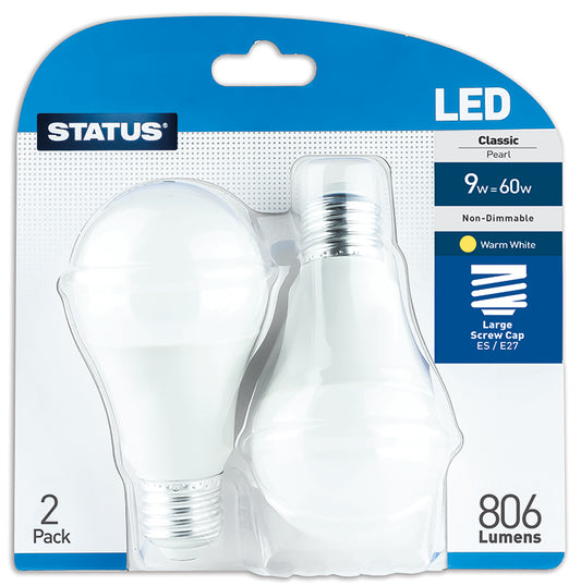 9w = 60w = 806 lumens - LED - A60 GLS - ES - PA - Pearl - Warm White - 2 pk - in a trapped blister
