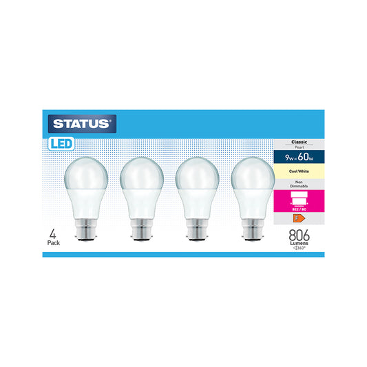 9w = 60w = 806 lumens - LED - GLS - B22 - PA - Pearl - Cool White - 4 pk box - in Brown Box
