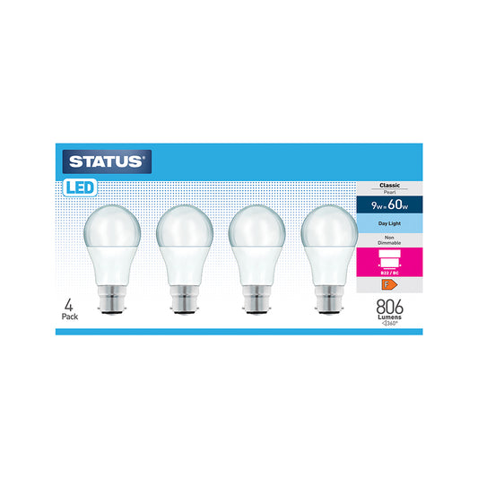 9w = 60w = 806 lumens - LED - GLS - B22 - PA - Pearl - Day Light - 4 pk box - in Brown Box