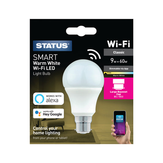 9w = 60w = 806 lumens - Smart - A60 GLS - B22 - PA - Pearl - ON/OFF/DIM - 1 pk box