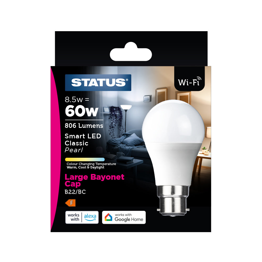 9w = 60w = 806 lumens - Smart - A60 GLS - B22 - PA - Pearl - Colour Changing Temperature - 1 pk box