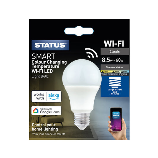 9w = 60w = 806 lumens - Smart - A60 GLS - BC - PA - Pearl - Colour Changing Temperature - 1 pk box