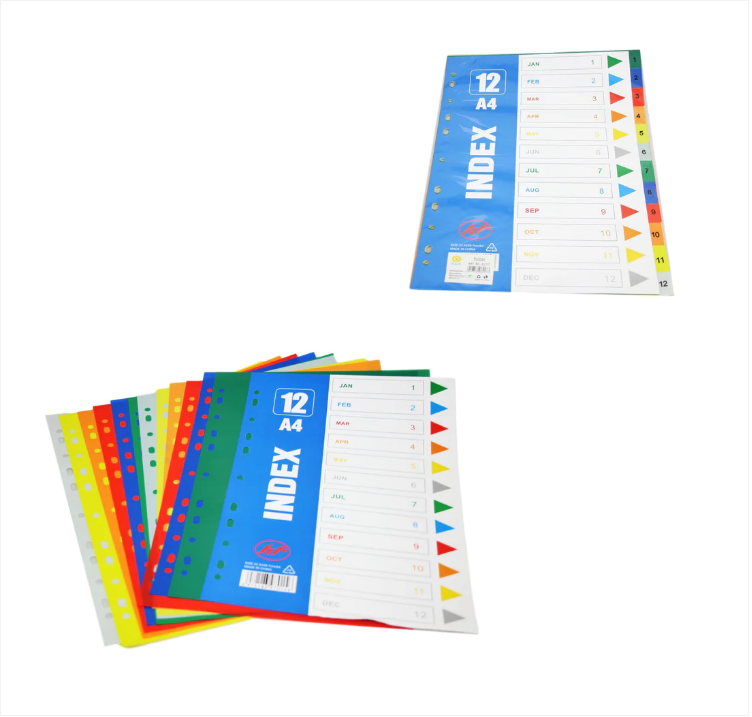 A4 Folder Dividers Subject Punched Index Colour Sheets File Dividers 12 Pack