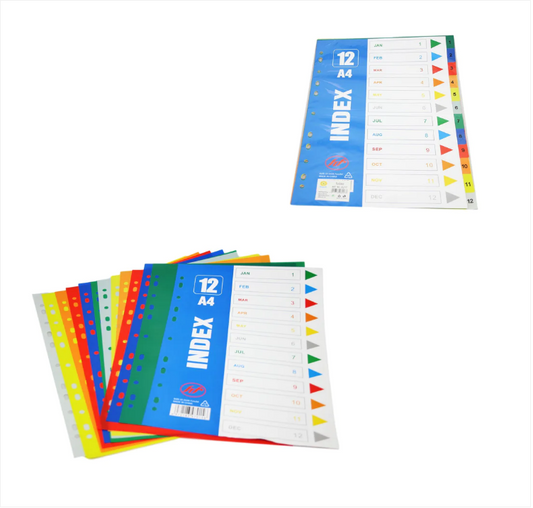 A4 Folder Dividers Subject Punched Index Colour Sheets File Dividers 12 Pack