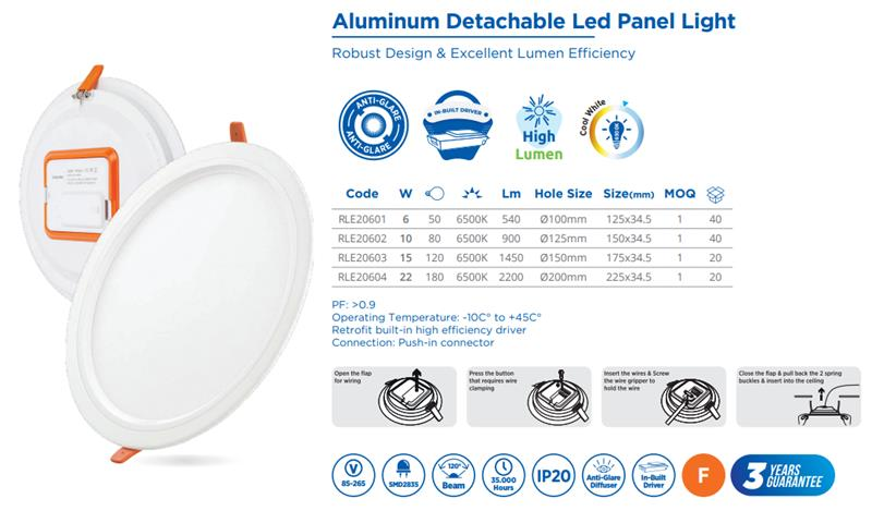 ALUMINIUM DETACHABLE LED PANEL LIGHT, 22W 6500K