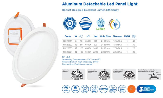 ALUMINIUM DETACHABLE LED PANEL LIGHT, 6W 6500K