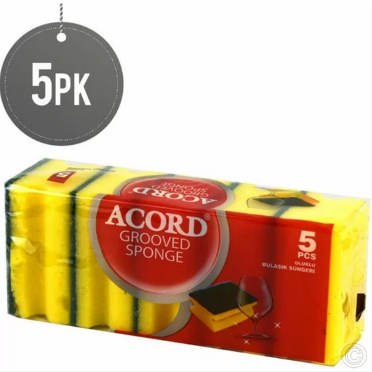 Accord Yellow Double Sided Grooved Kitchen Washing Up Sponges Scourers 9 x 4 cm Pack of 5