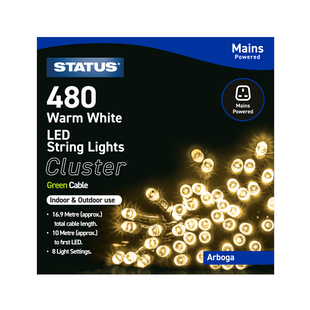 Arboga - 480 - Warm White - LED - Indoor/Outdoor - Mains Powered - Cluster Lights - 8 Functions - Green Cable - 10 Metre Total Cable Length - 6.9M Light Length - IP44 Rated- 1 Pack Glossy Box