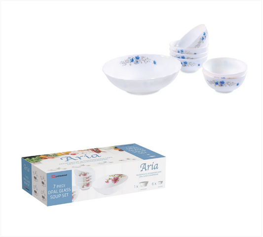 Aria Beautiful Opal 7 Piece White Glass Bowl and Soup Set Blue Floral