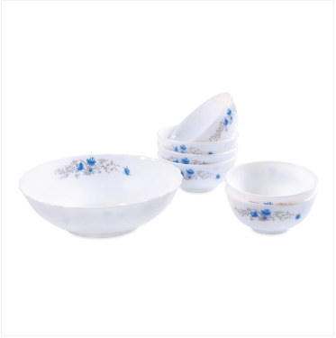 Aria Beautiful Opal 7 Piece White Glass Bowl and Soup Set Blue Floral