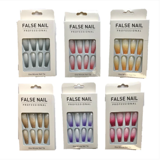 Artificial Fake Nail Extensions Coffin Tip Glitter Gradient Design Assorted Colours
