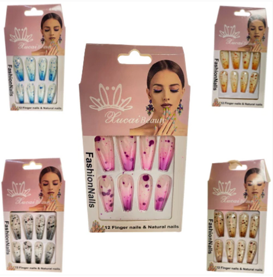 Artificial Fake Nail Extensions Coffin Tip Splash Art 12pc Assorted Colours