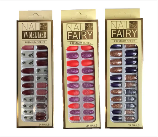 Artificial Fake Nail Extensions Fairy Premium Series 24pc Assorted Designs and Colours