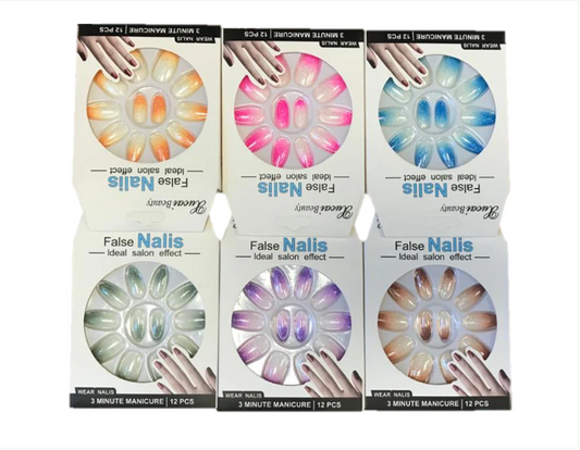 Artificial Fake Nail Extensions Round Tip Glitter Gradient Design Assorted Colours