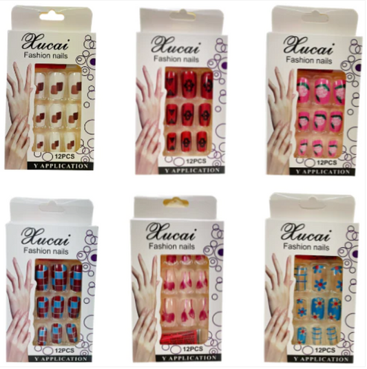 Artificial Fake Nail Extensions Rounded Square Tip 12pc Assorted Designs