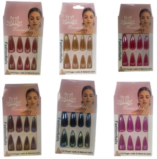 Artificial Fake Nail Extensions Stiletto Tip 12pc Assorted Colours