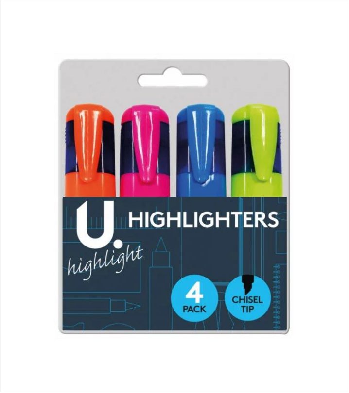 Assorted Colour 4 Pack Highlighters Chisel Tip School Office Highlighters