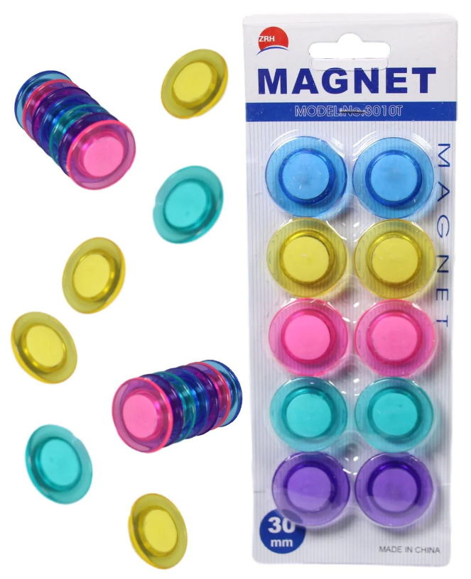 Assorted Colour Fridge Suction Magnets Stationery 30mm 10 Pack