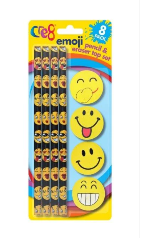 Assorted Emoji Pencil With Eraser Top School Home Childrens Pencils x 8