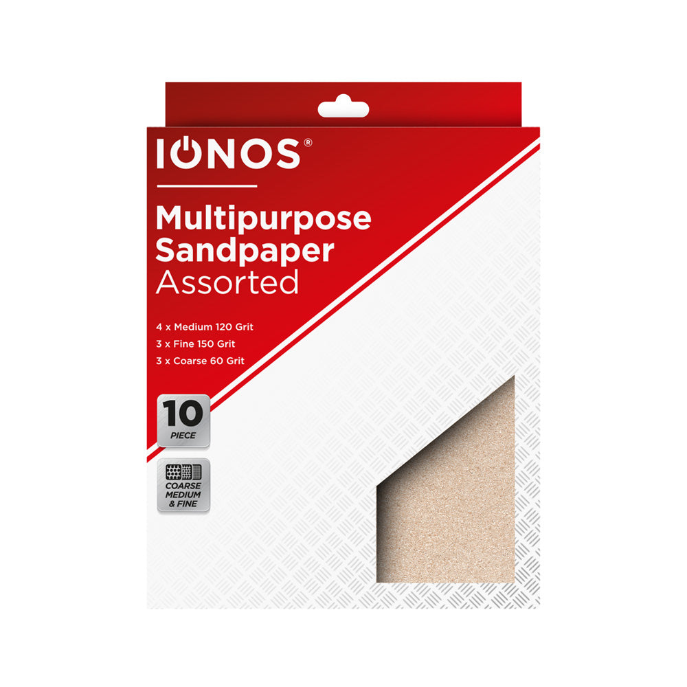 Assorted Sandpaper - 3 x fine 150 grit 4 x medium 120 grit 3 x coarse 60 grit - card envelope with euro slot - tamper sealed - Ionos - 10 pk