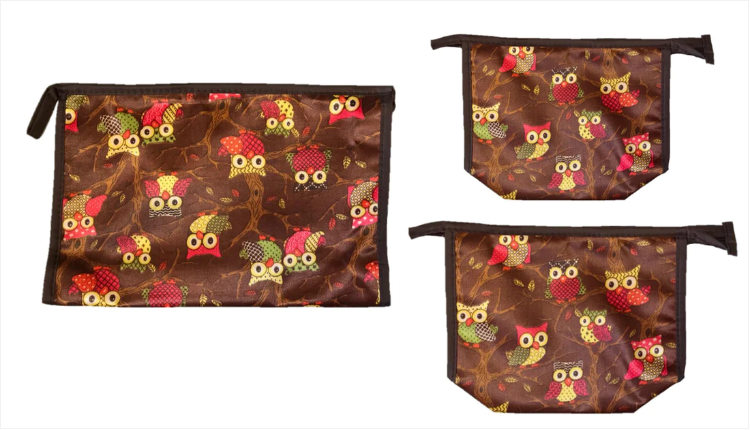 Bathroom Make-up Toiletry Travel Bag Owl Print Set of 3 Assorted Colours