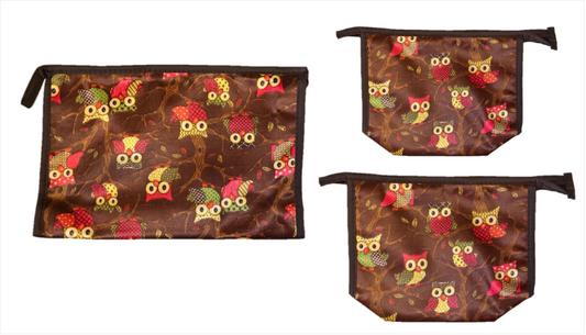 Bathroom Make-up Toiletry Travel Bag Owl Print Set of 3 Assorted Colours