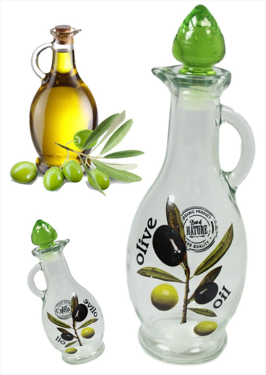 Beautiful Glass Olive Oil Bottle Printed Pouring Bottle With Green Glass Lid 250cc