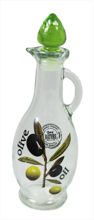 Beautiful Glass Olive Oil Bottle Printed Pouring Bottle With Green Glass Lid 250cc
