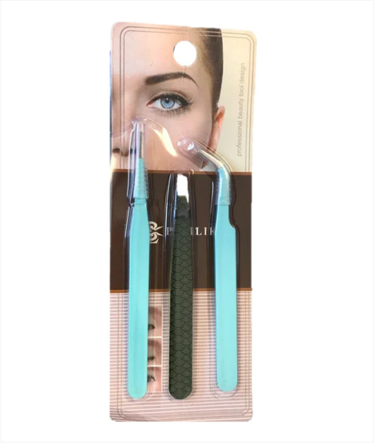 Beauty Metal Tweezers Set of 3 9.5 cm Assorted Colours