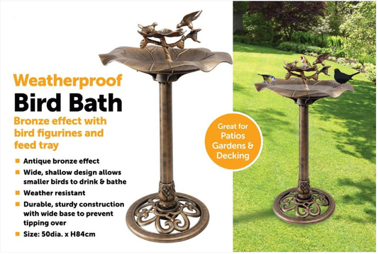 Bird Bath Bronze Effect With Bird Figurines And Feed Tray