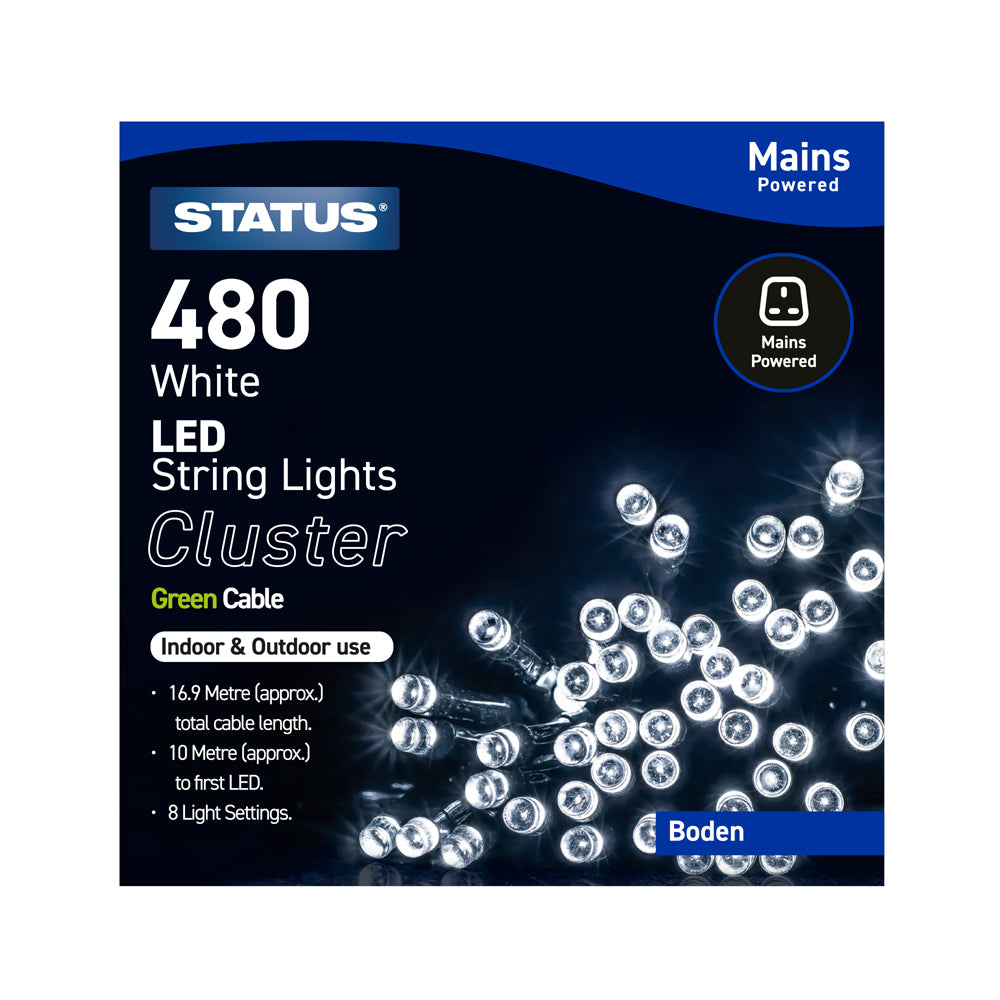 Boden - 480 - Cool White - LED - Indoor/Outdoor - Mains Powered - Cluster Lights - 8 Functions - Green Cable - 10 Metre Total Cable Length - 6.9M Light Length - IP44 Rated- 1 Pack Glossy Box