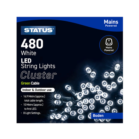 Boden - 480 - Cool White - LED - Indoor/Outdoor - Mains Powered - Cluster Lights - 8 Functions - Green Cable - 10 Metre Total Cable Length - 6.9M Light Length - IP44 Rated- 1 Pack Glossy Box
