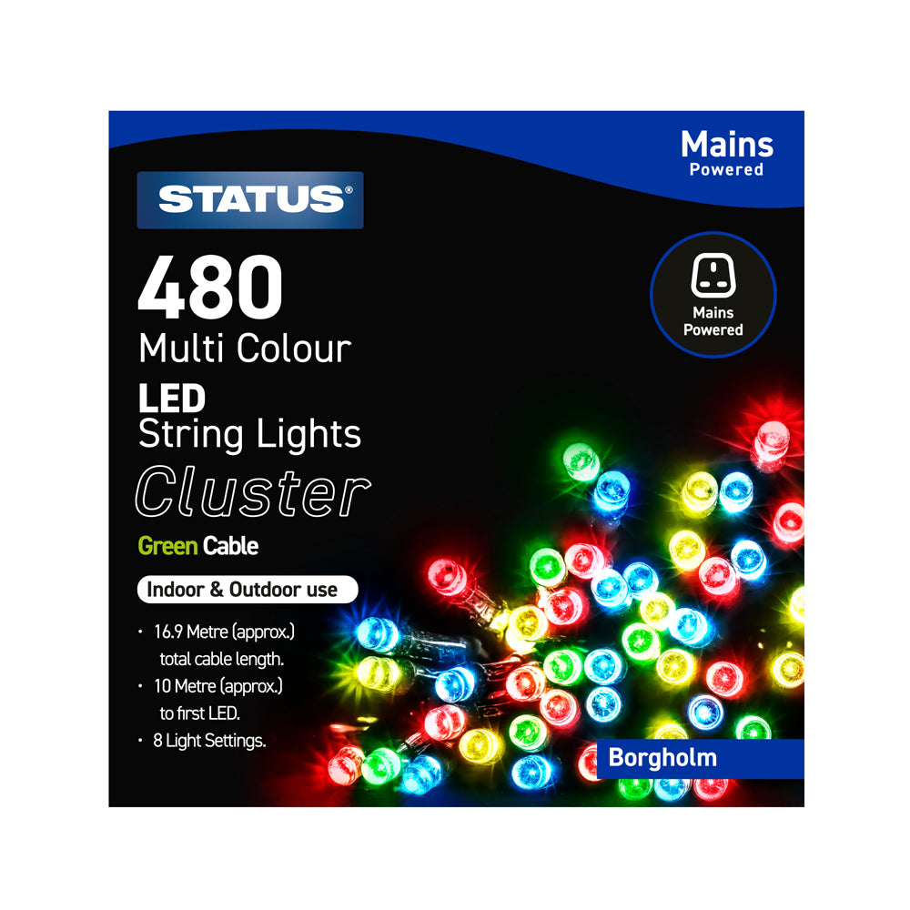 Borgholm - 480 - Multi Coloured - LED - Indoor/Outdoor - Mains Powered - Cluster Lights - 8 Functions - Green Cable - 10 Metre Total Cable Length - 6.9M Light Length - IP44 Rated- 1 Pack Glossy Box