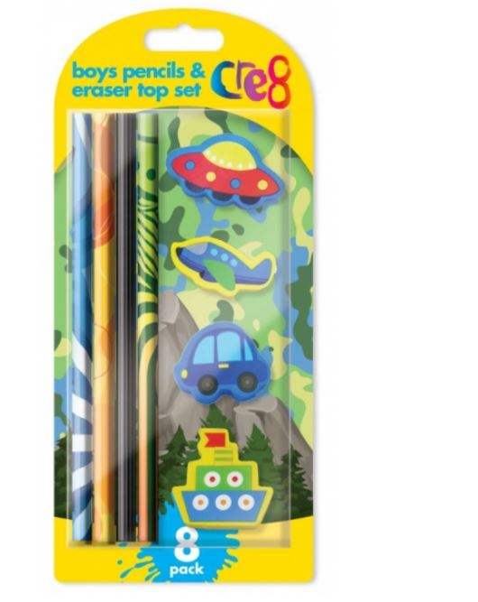 Boys Pencil & Eraser Set, 8pk