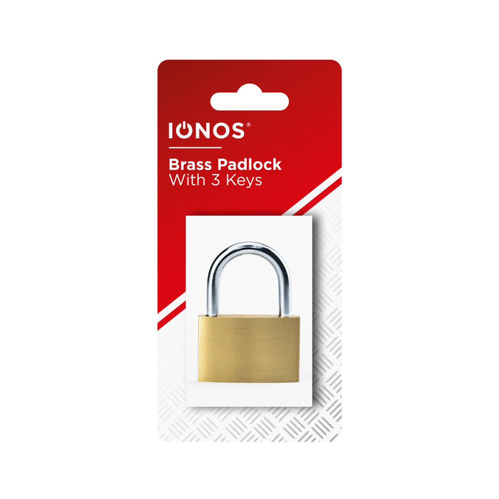 Brass Padlock - Ionos - steel shackle - solid brass cyclinder - 3 iron keys - 1 pk - in a Trapped Box