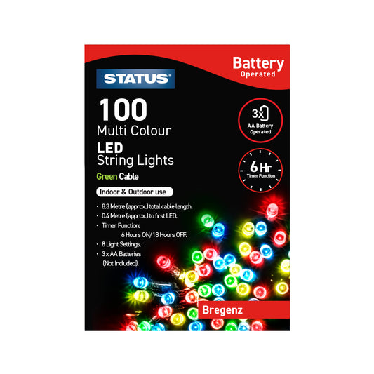 Bregenz - 100 - Multi Coloured - LED - Indoor/Outdoor - Battery Operated - String Lights - 8 Functions -  6 Hr Timer - Green Cable - 8.3 Metre Cable Length - 0.4 Metres To First LED Light - IP44 Rated - 3 x AA Batteries (Not Included) -1 Pk Glossy Box