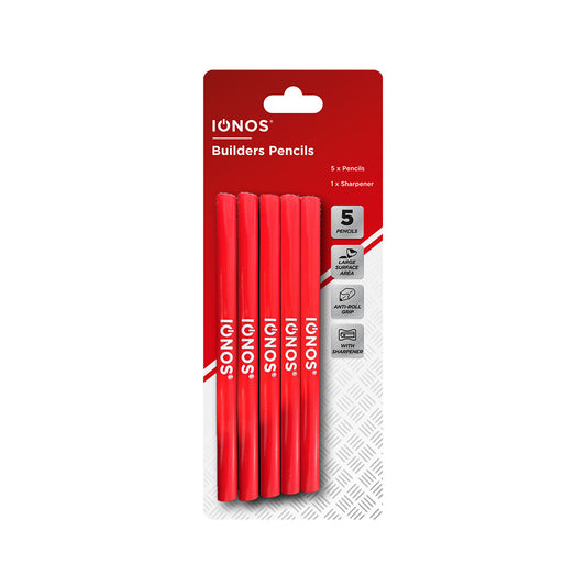Builders Pencils with Sharpener - 5pcs - 4 x 7" long pencils - 1 x pencil sharpener - blister card - Ionos - 5 pk
