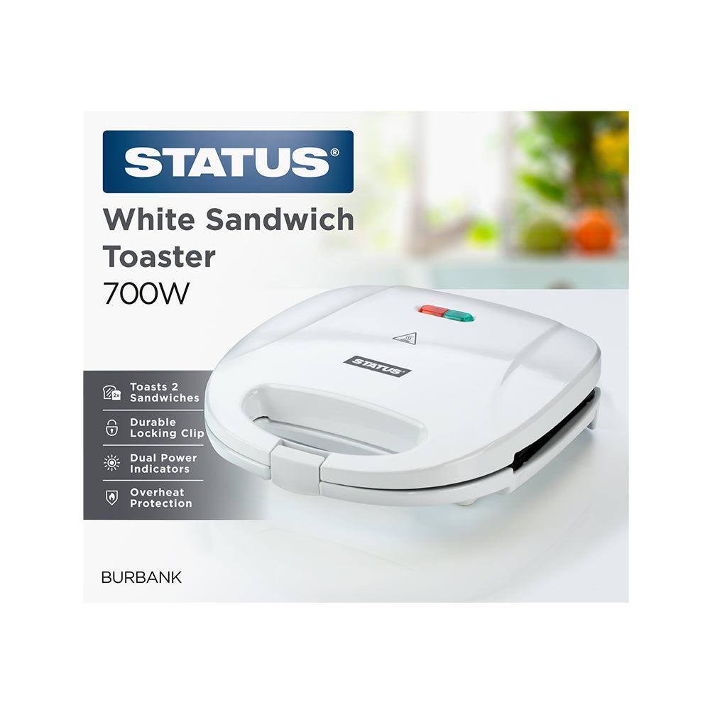 Burbank - White - 700w - Sandwich Toaster - 2 Plate - Non Stick - Cool Wall - 1 pk - in Glossy Retail Box