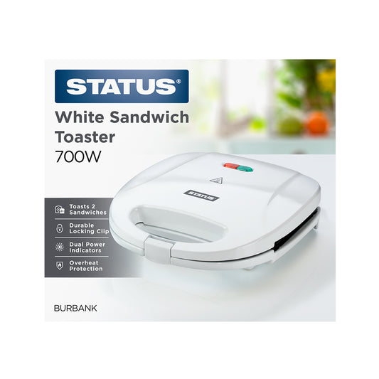 Burbank - White - 700w - Sandwich Toaster - 2 Plate - Non Stick - Cool Wall - 1 pk - in Glossy Retail Box