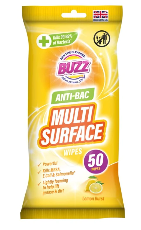 Buzz Multi Surface Antibacterial Wipes 50 Pack Lemon