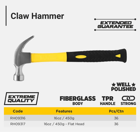 CLAW HAMMER FIBERGLASS HANDLE 16OZ FLAT HEAD