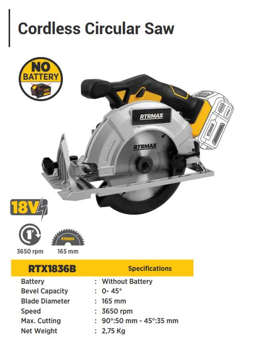 CORDLESS CIRCULAR SAW 165MM, 18V WITHOUT BATTERY