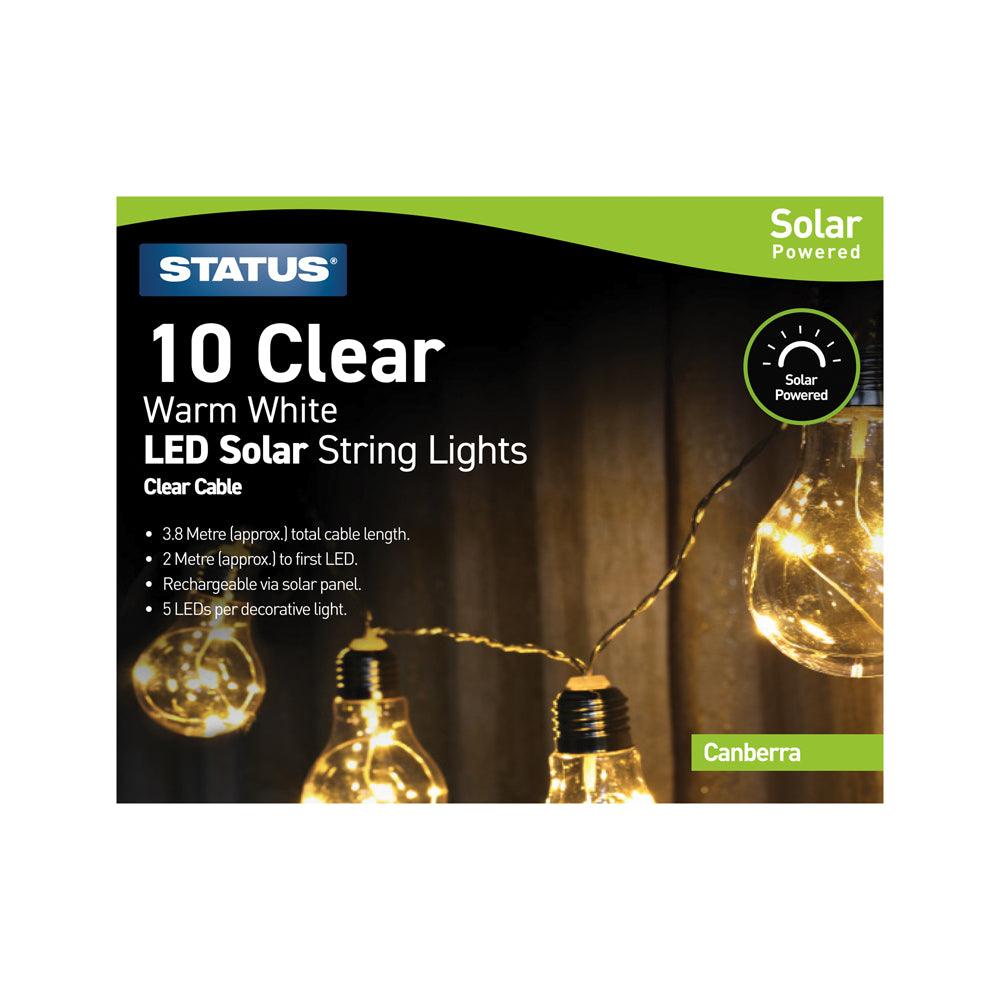 Canberra - 10 Clear - Warm White - LED -  Solar - String Light Bulbs - 2 Functions -  5 LED s Per Light Bulb - Black Cable - 3.8 Metres Total Cable Length - 2 Metres To First LED Bulb - Rechargeable Battery Included - IP44- 1 Pack Glossy Box