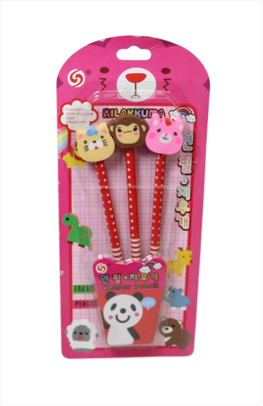 Children's Character Pencil With Rabbit Erasers School Boys Girls Writing Pencils 3 Pack