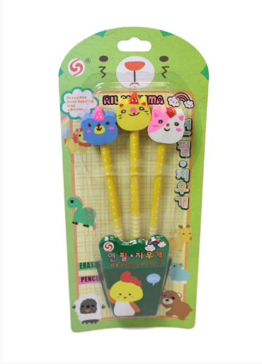 Children's Character Pencil With Rabbit Erasers School Boys Girls Writing Pencils 3 Pack