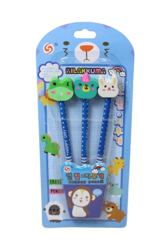 Children's Character Pencil With Rabbit Erasers School Boys Girls Writing Pencils 3 Pack